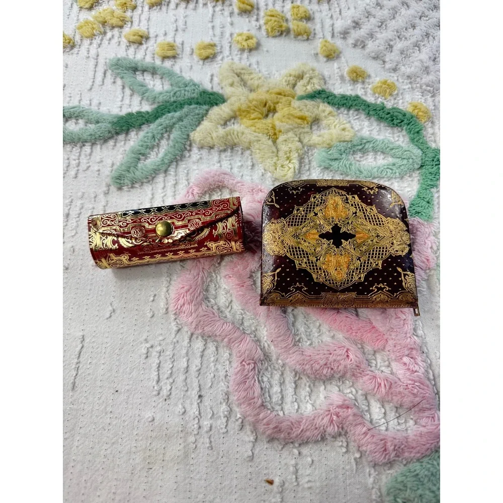 Vintage Italian Coin Purse Lipstick Holder Set‎ Ornate Gold Red